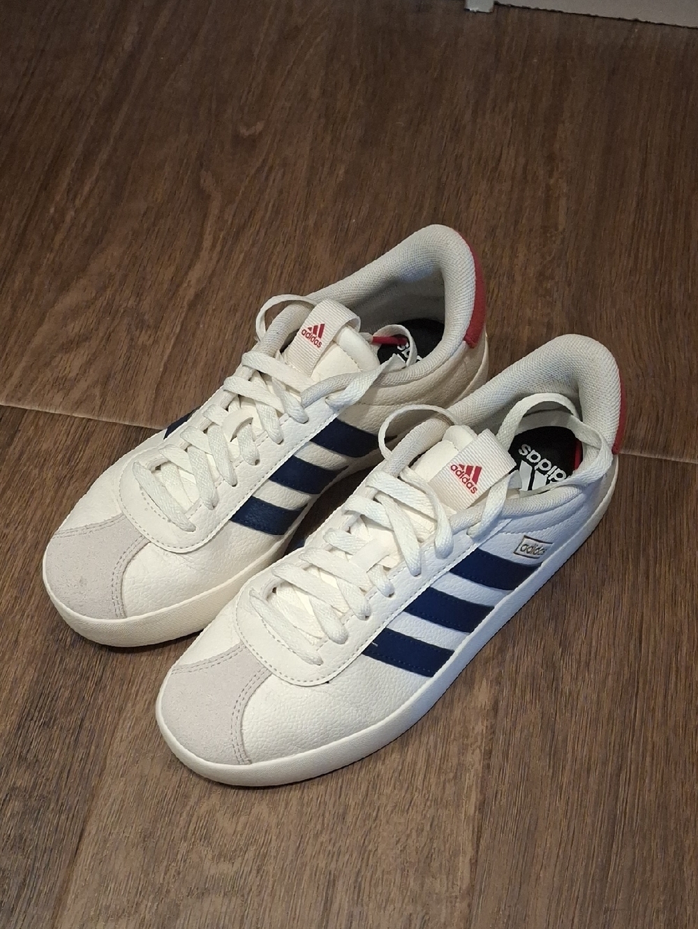 adidas Men’s White Sneakers with Navy Stripes and Red Heel Accent